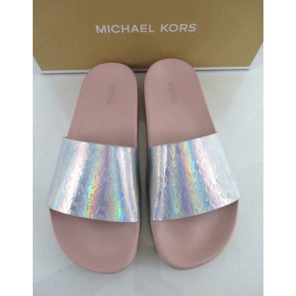Michael Kors Gilmore Slide Sandals MK Debossed Metallic Silver Multi Size 9 - Picture 6 of 9